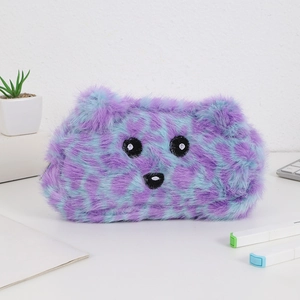 Close-up of purple leopard plush pencil case with cute animal ears and soft fur texture