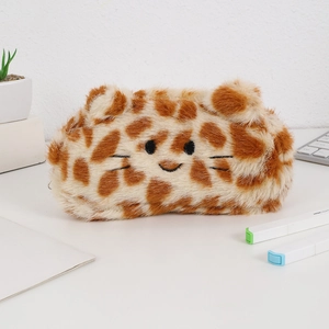 Close-up of leopard print plush pencil case featuring cute animal face embroidery details