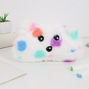 Close-up of white plush animal pencil case featuring colorful polka dots and cute face