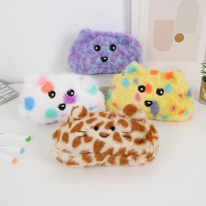 Plush Animal Pencil Case Cute Cartoon Faux Fur Zipper Pouch Large Capacity Stationery Storage Bag For Students School Girls
