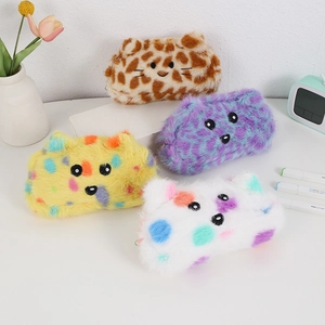 Plush animal pencil cases in leopard, purple, and polka dot styles with cute 3D ears