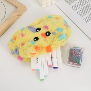 Close-up of cute plush animal pencil case with colorful dots and large capacity