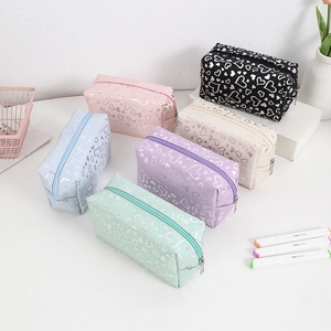 Portable large capacity heart print cosmetic bags in six pastel colors with top zipper