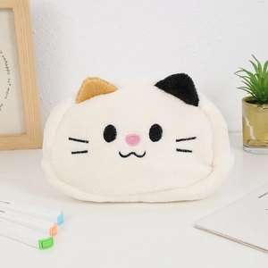 Close-up of cute plush cat pencil case with detailed embroidery and cat ear designs