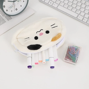 Detail of plush cat pencil case showing large storage capacity for markers and pens