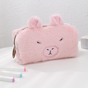 Detailed view of pink plush Capybara stationery bag with soft texture and embroidery
