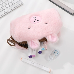 Pink plush pencil case with cute lamb embroidery and large brown zipper detail