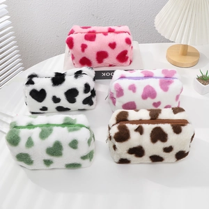 Plush Pencil Case Cute Heart Pattern Large Capacity Makeup Pouch Portable Travel Stationery Organizer Bag For Girls