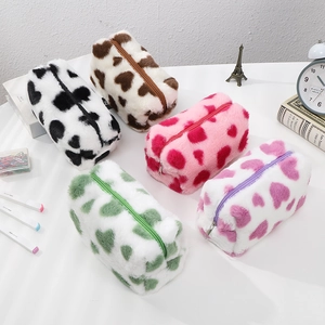 Plush heart pattern makeup bags in five colors with soft faux fur and zip closure