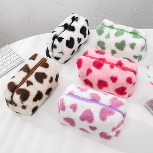 Cute plush heart patterned pencil case and cosmetic bag in five colorful pastel varieties