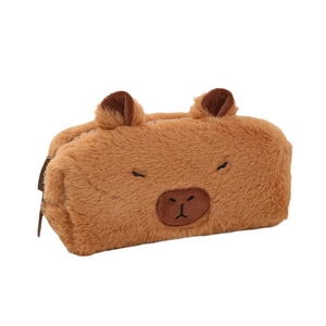 Cute brown capybara plush pencil case with zipper and detailed embroidery on white background