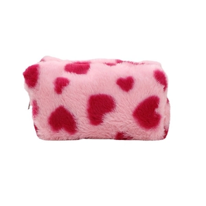 Cute pink plush makeup bag with red heart pattern and metal zipper closure