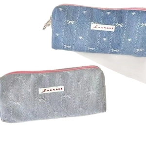 Ins-style denim pencil cases in dark blue and light gray with cute white bow embroidery