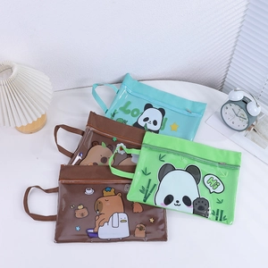 Detail view of colorful Capybara and Panda multi-layer waterproof storage bags with handles