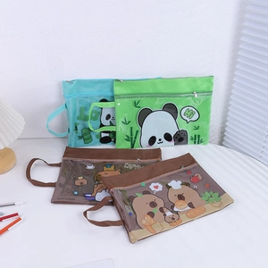 Detail of multi-color cartoon mesh file bags with zipper and side carry handles