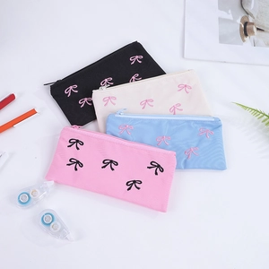 Astuccio con Ricamo a Fiocco French Balletcore in Tela Poliestere Tessuto Chiusura Lampo Borsa di Cancelleria per Scuola Ufficio Ragazze