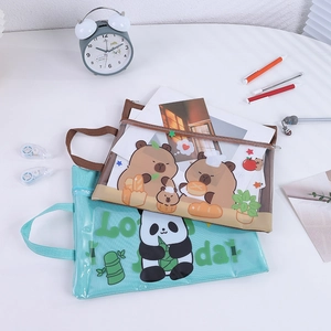 Dual-layer cartoon file bags with Capybara and Panda designs for stationery storage