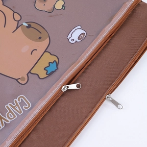 Detailed view of the dual-zipper closure and durable canvas on the Capybara document bag