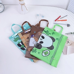 Detail of double-layer cartoon document bags with handles and transparent PVC windows