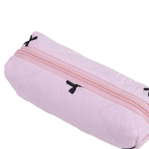 Pink quilted bow pencil case with cross embroidery and large storage capacity