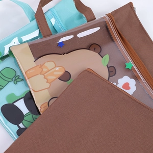 Detail of cartoon file bag with transparent PVC window and durable zipper closure
