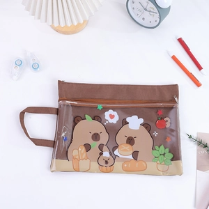 Detail of Capybara double-layer stationery bag with handle and transparent PVC window