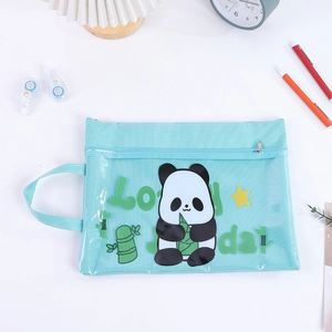 Macro detail of a panda mesh file bag featuring a zipper closure and side handle