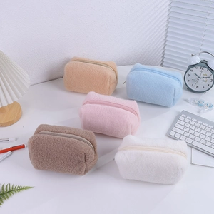 Large capacity plush pencil case set in cream colors for stationery storage