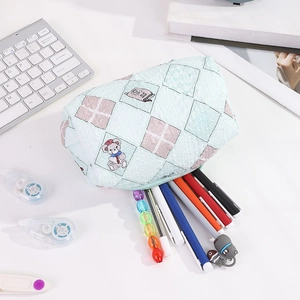 Large capacity green quilted pencil case with cute bear print and stationary storage
