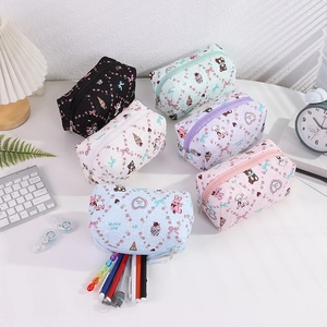 Close-up of cute cartoon pencil cases in various colors showing large storage capacity