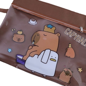 Brown semi-transparent Capybara mesh stationery bag with cute cartoon prints and zipper