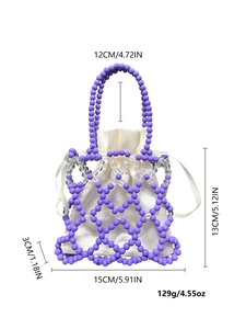 Detail of beaded bucket bag showing dimensions and white satin drawstring pouch