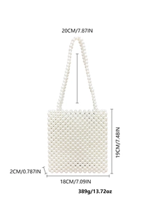 Detailed view of pearl beaded bag dimensions 18x19x2cm and 20cm pearl strap drop