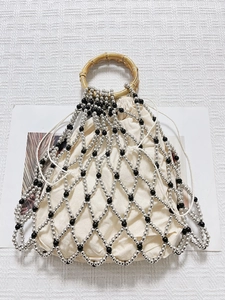 Handmade Beaded Handbag With Natural Bamboo Round Handles Retro Hollow Out Woven Mesh Net Bag With Drawstring Inner For Women Beach Vacation Fashion Tote