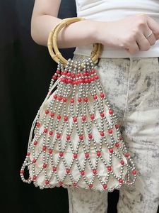 Retro beaded tote bag with bamboo handles and silver-red hollow mesh design