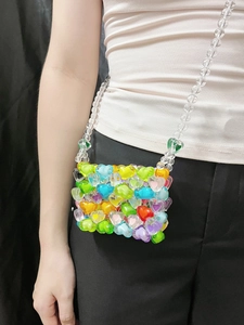 Colorful heart-shaped beaded mini crossbody bag with clear acrylic strap for women