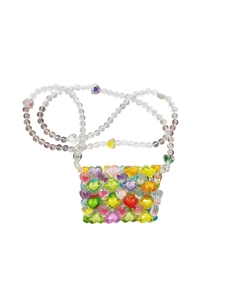 Macro detail of handmade mini heart beaded bag with colorful Y2K dopamine style acrylic beads