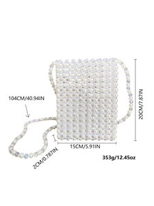 Detailed dimensions of pearl beaded crossbody bag: 15x20x2cm with a 104cm shoulder strap