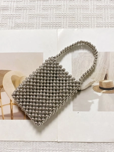 Retro silver beaded handmade tote bag with modern minimalist rectangular woven design