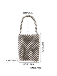 Detail view of silver beaded handbag with dimensions of 14cm height and 10cm width