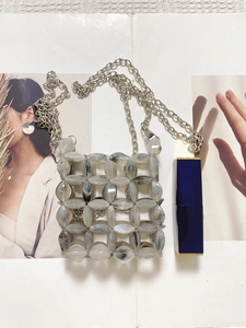 Handmade mini beaded crossbody bag with gray marble resin beads and silver chain strap