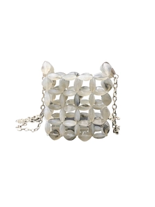 Detailed close-up of handmade acrylic beaded crossbody bag with marble pattern and metal chain