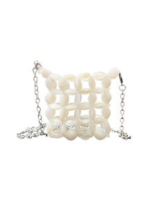 Close-up of handmade acrylic beaded crossbody bag with elegant weave and silver metal chain