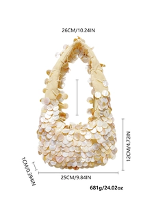 Vue détaillée du sac en nacre de 25cm avec les spécifications de taille et de poids