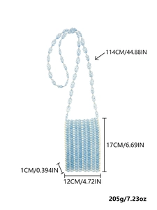 Dimensions détaillées du sac bandoulière en perles bleues avec sangle de 114cm