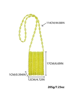 Dimensions détaillées du sac à bandoulière en perles acryliques jaunes pour téléphone