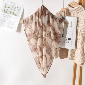 Lightweight pleated floral scarf for women with vintage floral prints on cream fabric