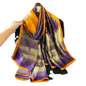 Abstract print silk scarf in purple and orange yellow with bright hand-rolled edges