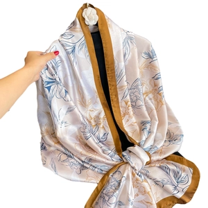 Elegant floral print satin silk scarf in cream and navy blue with yellow borders