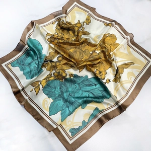 Elegant floral square silk scarf with vintage blue and yellow pattern on premium satin fabric